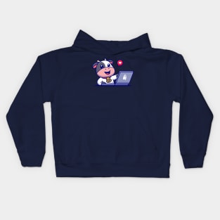 Cute Cow Working On Laptop Cartoon Kids Hoodie